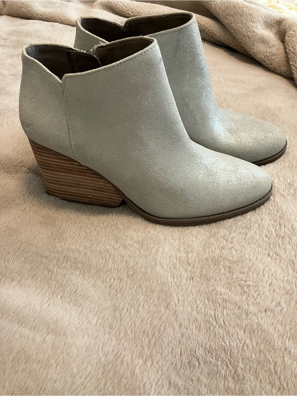 Toms Light Gray Suede Ankle Booties with Stacked Heel